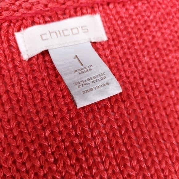 Chicos Red Coral Open Knit Cardigan Sz 1 (U.S. Med / 8) - Picture 9 of 14